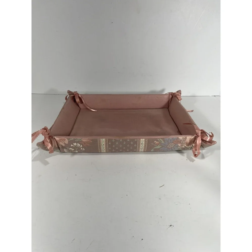 Vintage Floral Fabric Lined Tray Basket W Mid Century Ribbon Lace On Edges Liner